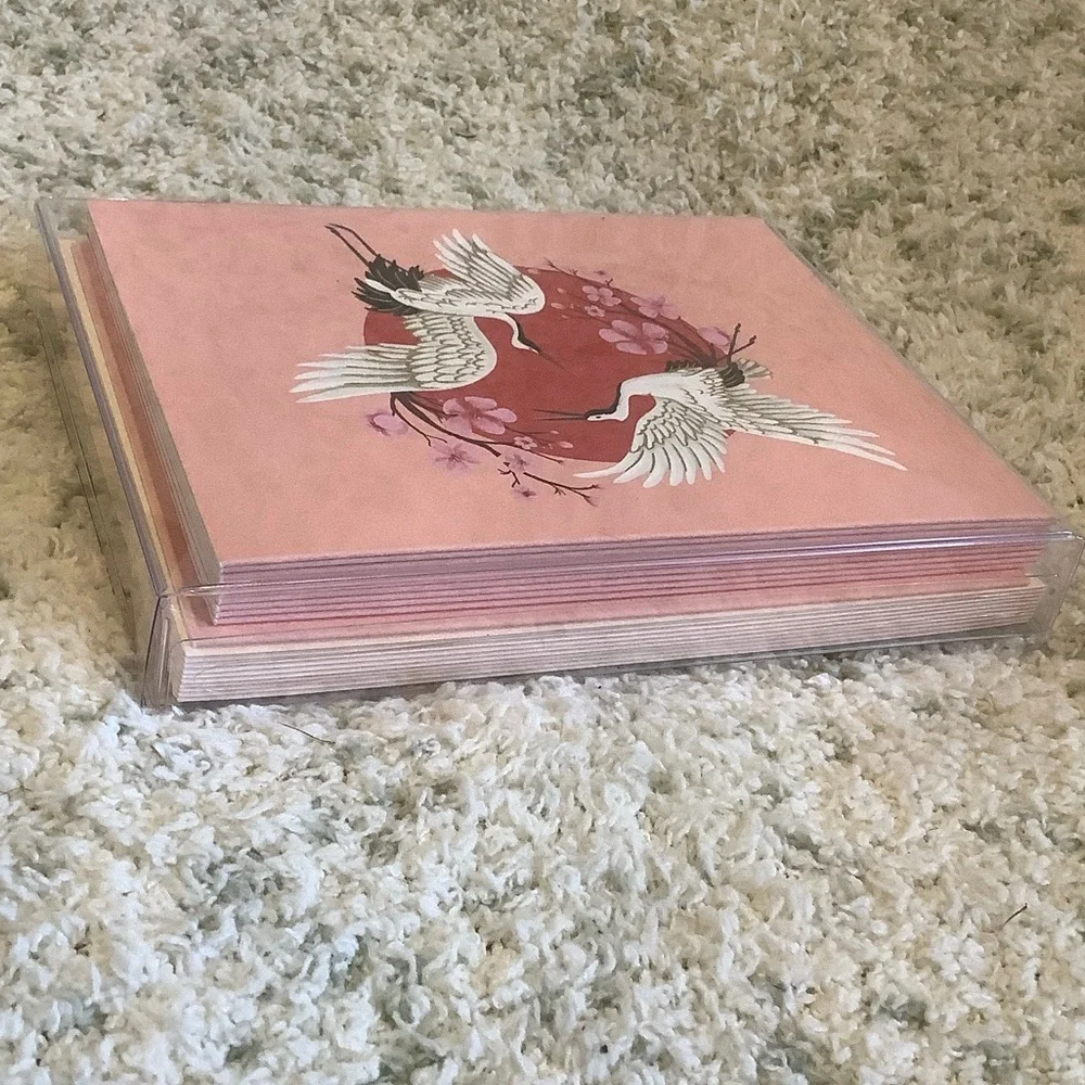 White Crane Red Moon Floral Boxed Note Cards Paper Source NWT set of 10